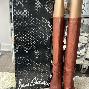 Sam Edelman Roula Brown Buffalo Platform Boots with Buckles 5 inch heels.